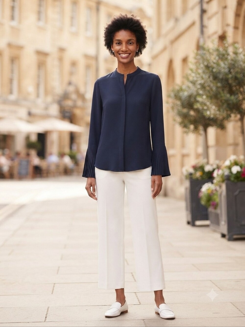 Catherine Maladrino  Navy Blouse with Pleated Bell Sleeves - Women